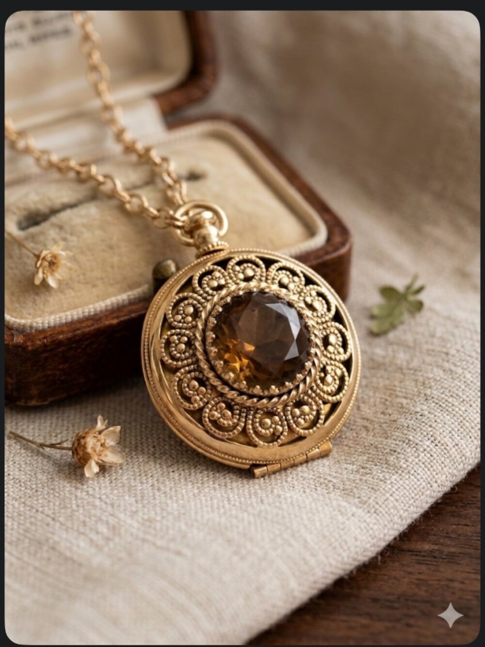 Vintage Avon Gold Tone Filigree Locket Necklace - Amber Brown Faux Gemstone